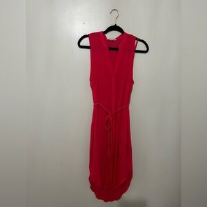 BB DAKOTA | Vibrant Coral Sleeveless Midi Dress, Sheer Top Layer w/Slip Dress